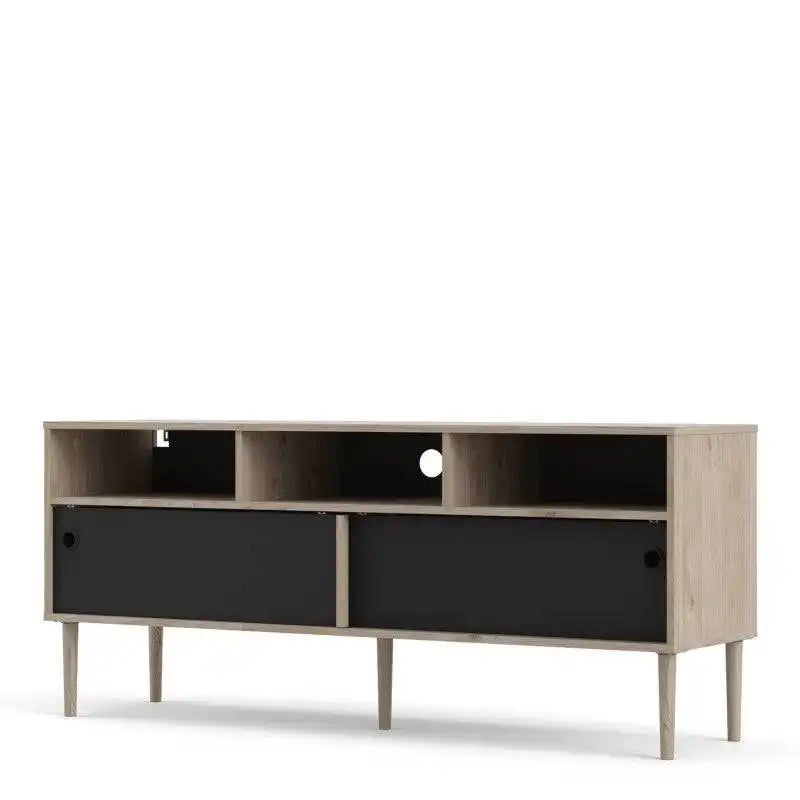 Rome TV Unit 2 Sliding Doors in Jackson Hickory Oak with Matt Black - Price Crash Furniture