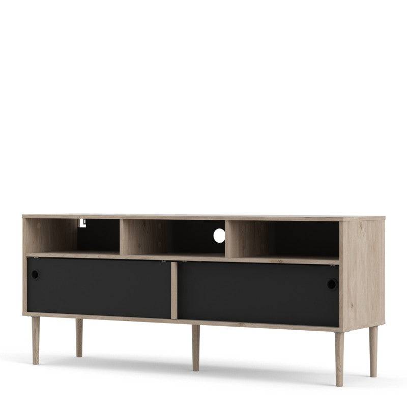 Rome TV Unit 2 Sliding Doors in Jackson Hickory Oak with Matt Black - Price Crash Furniture