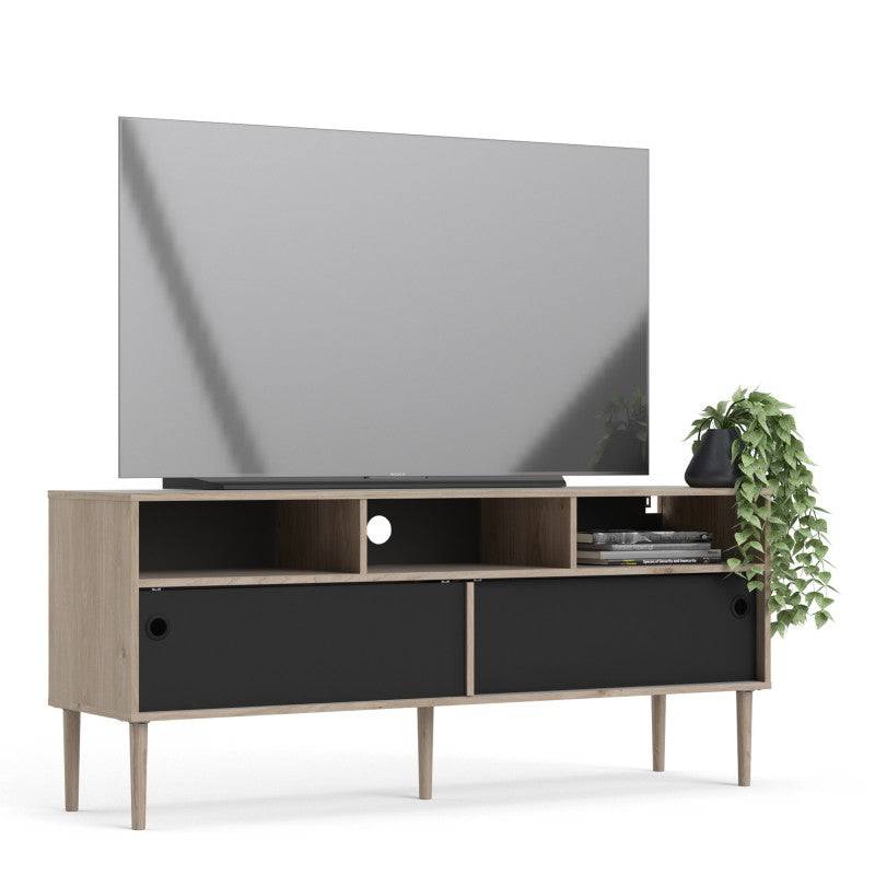 Rome TV Unit 2 Sliding Doors in Jackson Hickory Oak with Matt Black - Price Crash Furniture