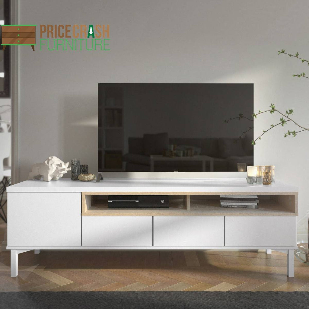 Roomers TV Unit 3 Drawers 1 Door in White and Oak - Price Crash Furniture