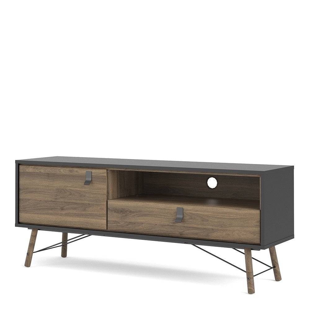 Ry TV Unit with 1 Door + 1 Drawer in Matt Black and Walnut - Price Crash Furniture