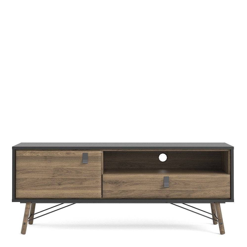 Ry TV Unit with 1 Door + 1 Drawer in Matt Black and Walnut - Price Crash Furniture