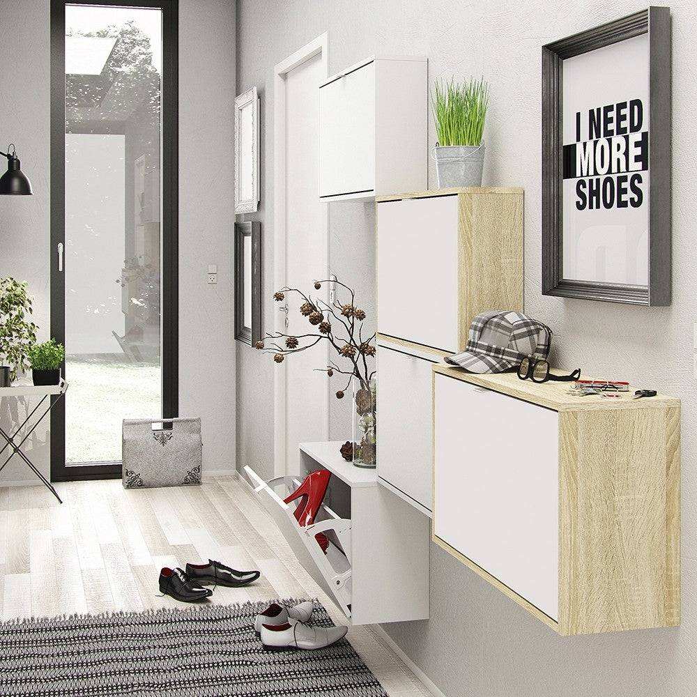 Shoe Cabinet: 4 compartments with 2 layers in Oak & White - Price Crash Furniture