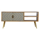 Sleek Cement Grey Open Nordic Style Media Unit with 2 Brass Inlay Doors - Price Crash Furniture