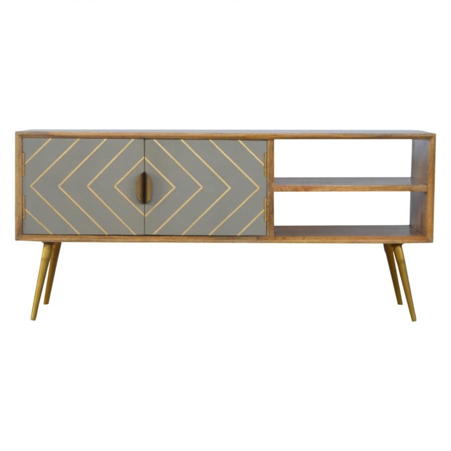 Sleek Cement Grey Open Nordic Style Media Unit with 2 Brass Inlay Doors - Price Crash Furniture