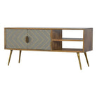 Sleek Cement Grey Open Nordic Style Media Unit with 2 Brass Inlay Doors - Price Crash Furniture