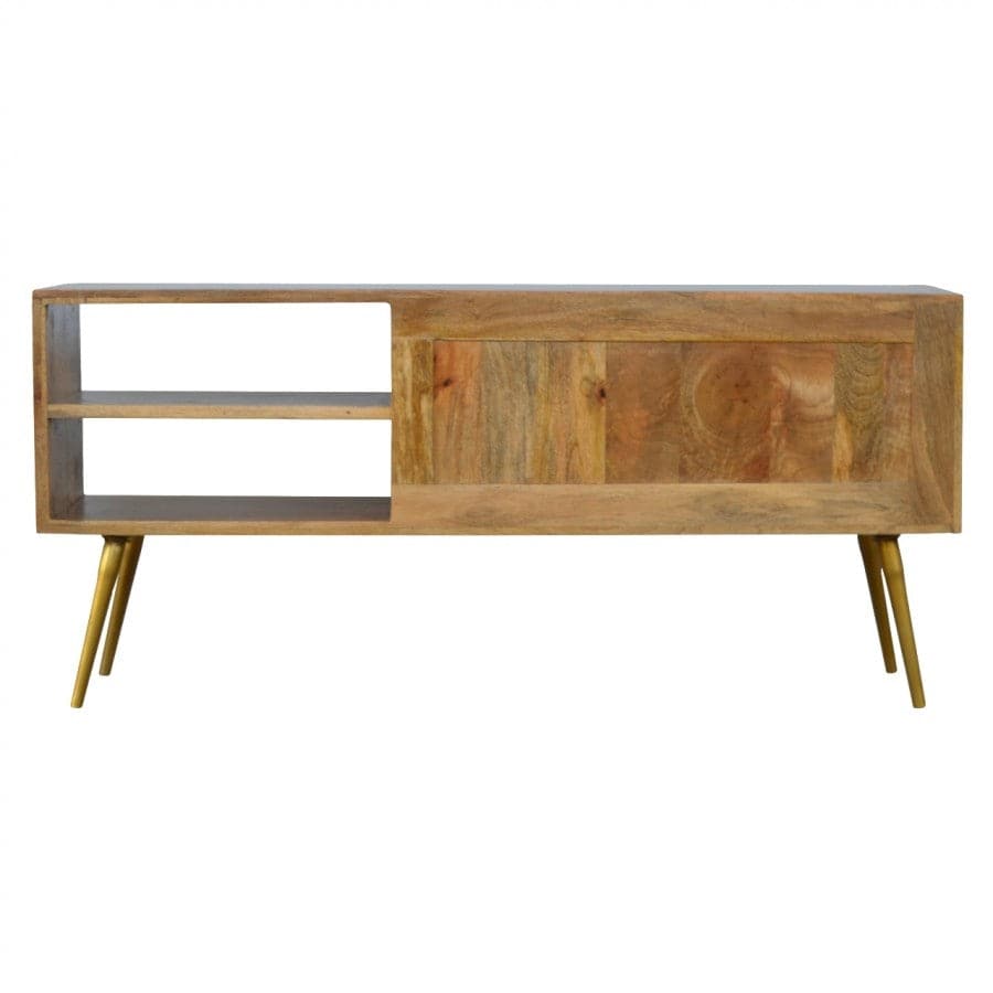 Sleek Cement Grey Open Nordic Style Media Unit with 2 Brass Inlay Doors - Price Crash Furniture