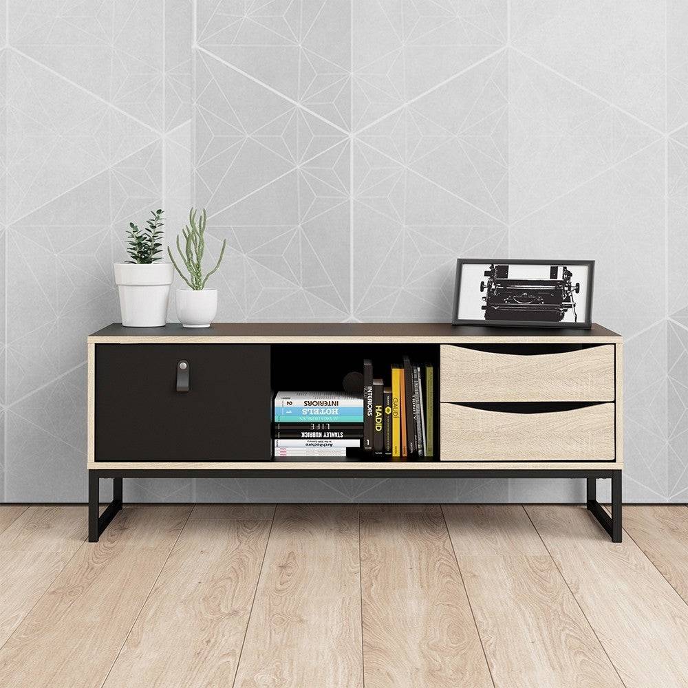 Stubbe TV Unit 1+2 Drawers And Open Shelf In Matt Black Oak - Price Crash Furniture