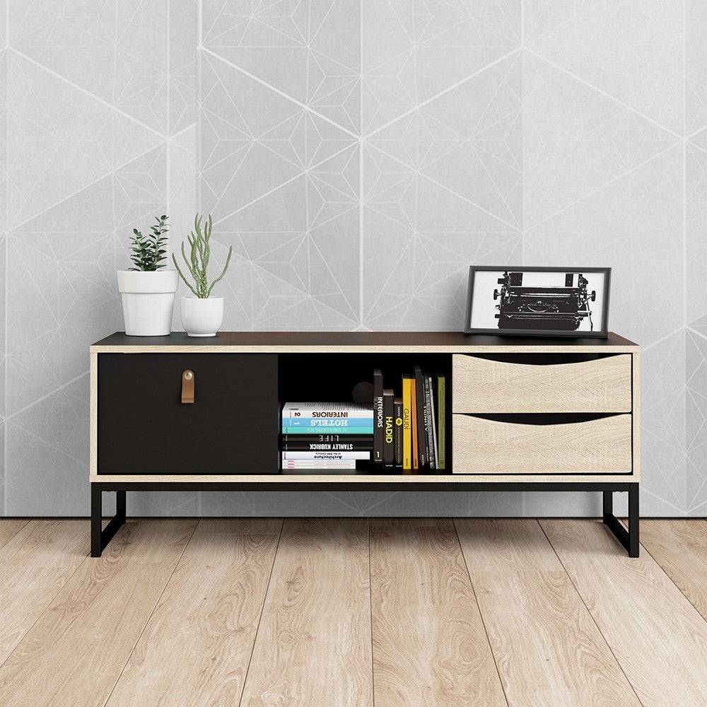 Stubbe TV Unit 1+2 Drawers And Open Shelf In Matt Black Oak - Price Crash Furniture