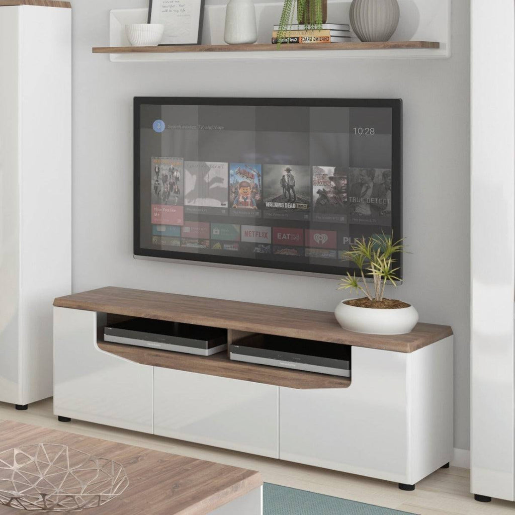 Toledo 2 Door 1 Drawer TV Unit In Gloss White & Oak Up To 65" TVs - Price Crash Furniture