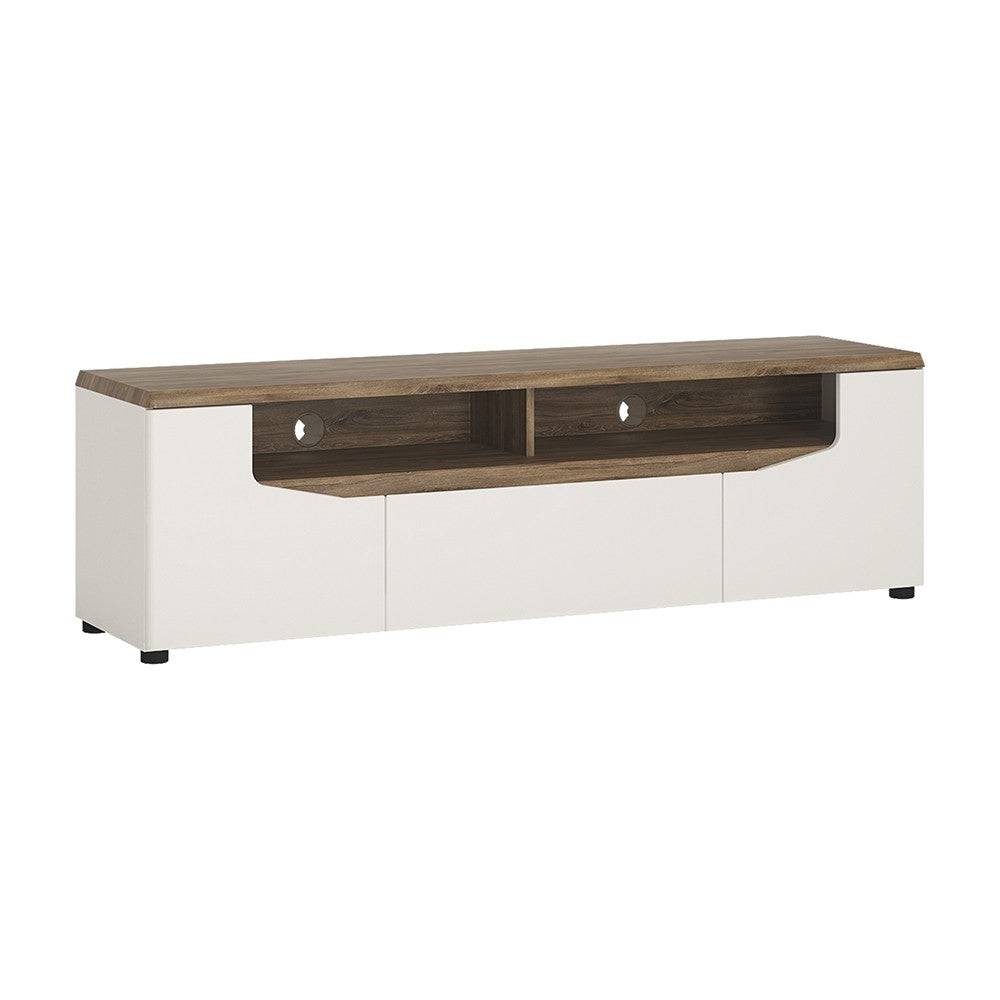 Toledo White Gloss & Oak Wide 2 Door 1 Drawer TV Unit for up to 72" TVs - Price Crash Furniture