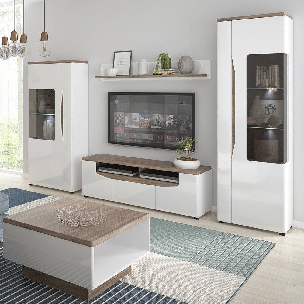 Toledo White Gloss & Oak Wide 2 Door 1 Drawer TV Unit for up to 72" TVs - Price Crash Furniture
