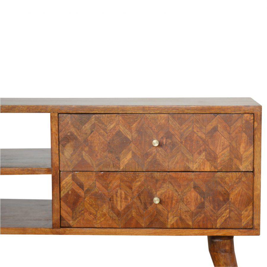 Zig-zag Parquet Pattern TV Stand in Chestnut-effect Mango Wood - Price Crash Furniture