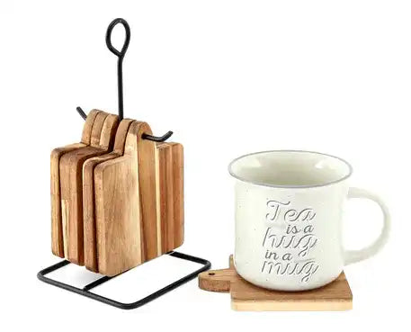 Acacia Coasters With a Black Metal Stand, Set Of 6 - Price Crash Furniture