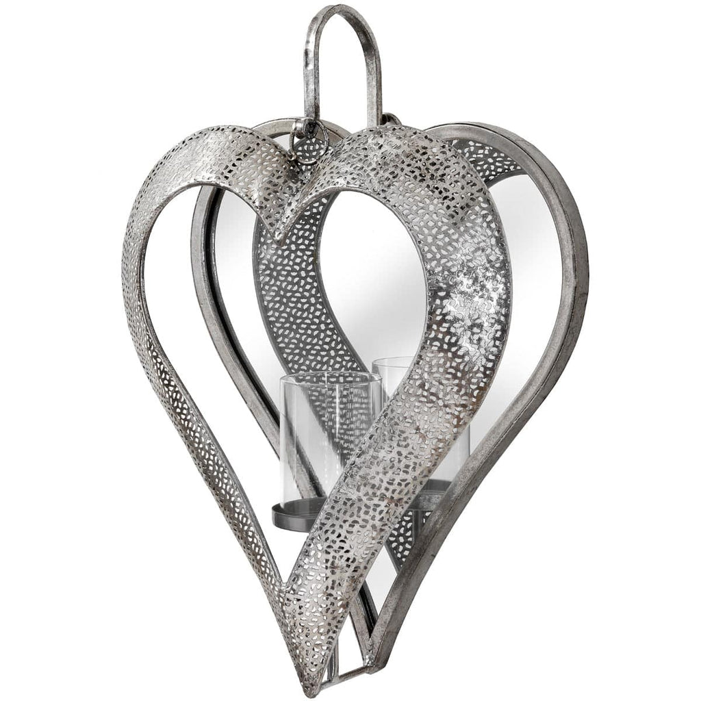 Antique Silver Heart Mirrored Tealight Holder in Large - Price Crash Furniture