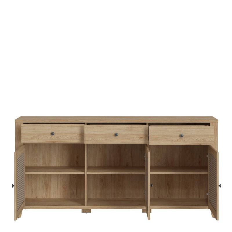 Cestino 3 Door 3 Drawer Sideboard In Jackson Hickory Oak And Rattan Effect - Price Crash Furniture