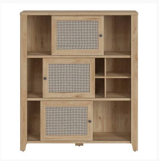 Cestino 3 Sliding Door Cabinet in Jackson Hickory Oak And Rattan Effect - Price Crash Furniture