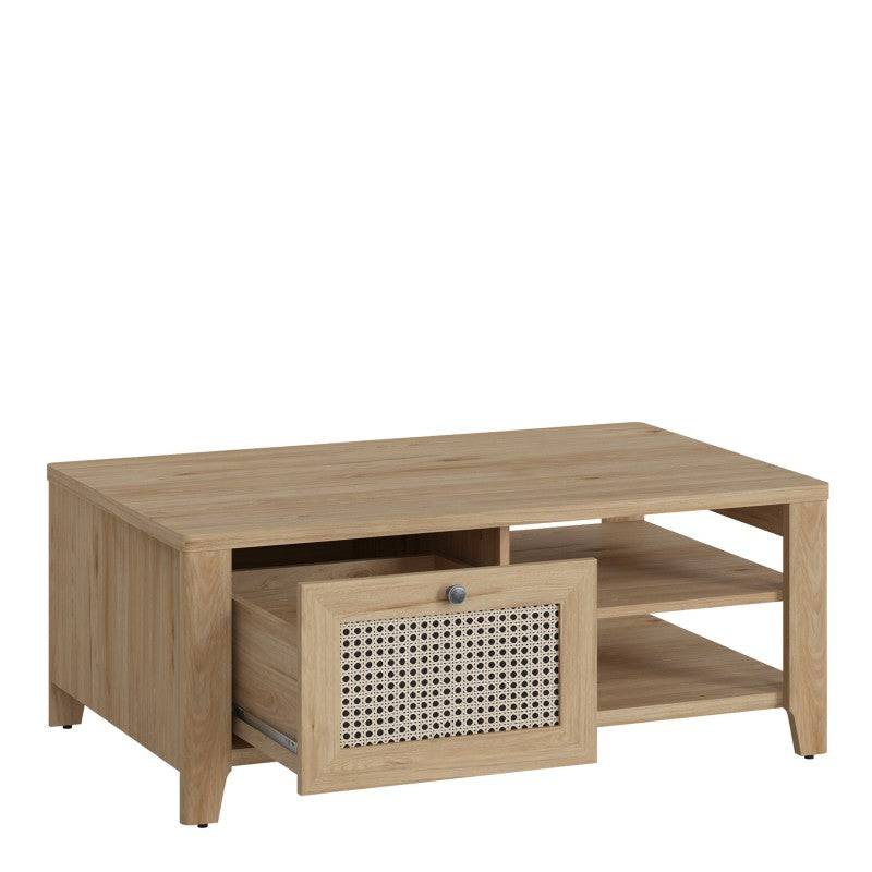Cestino Coffee Table With 1 Drawer In Jackson Hickory Oak And Rattan Effect - Price Crash Furniture