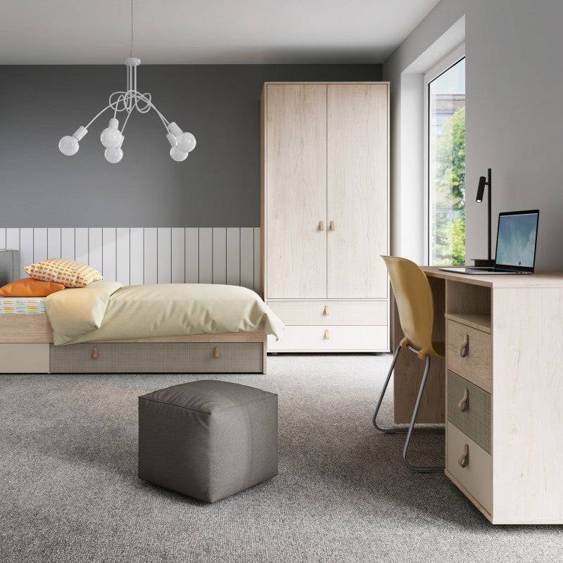 Denim 3 Drawer Desk in Light Walnut, Grey Fabric Effect and Cashmere - Price Crash Furniture