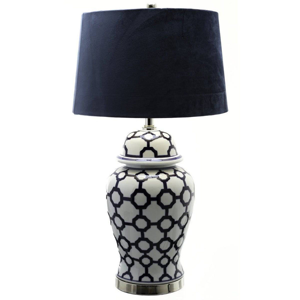 Malabar Blue And White Ceramic Lamp With Blue Velvet Shade - Price Crash Furniture