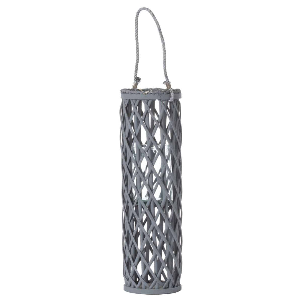 Medium Grey Wicker Lantern With Glass Hurricane - Price Crash Furniture