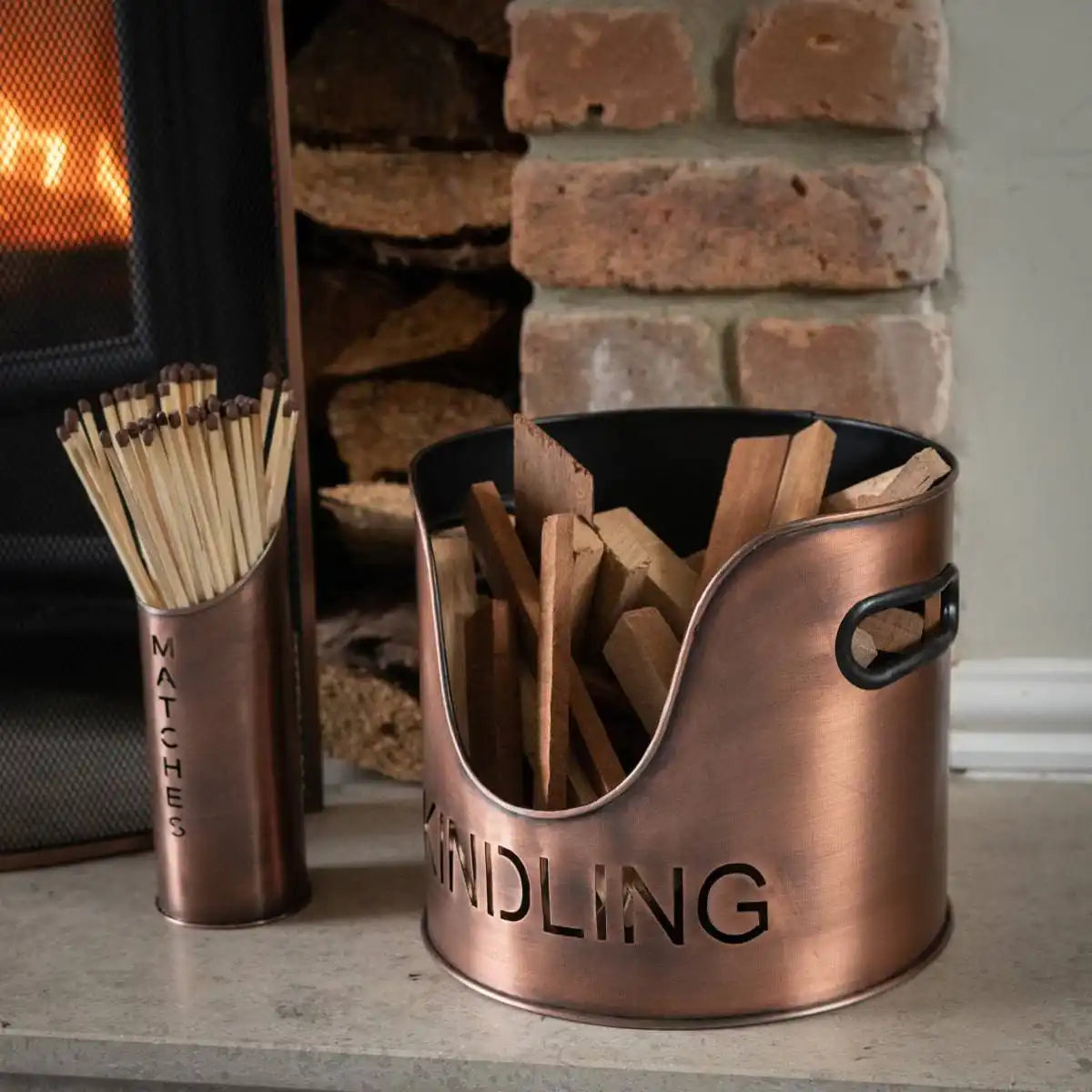 Copper Finish Logs And Kindling Buckets & Matchstick Holder - Price Crash Furniture