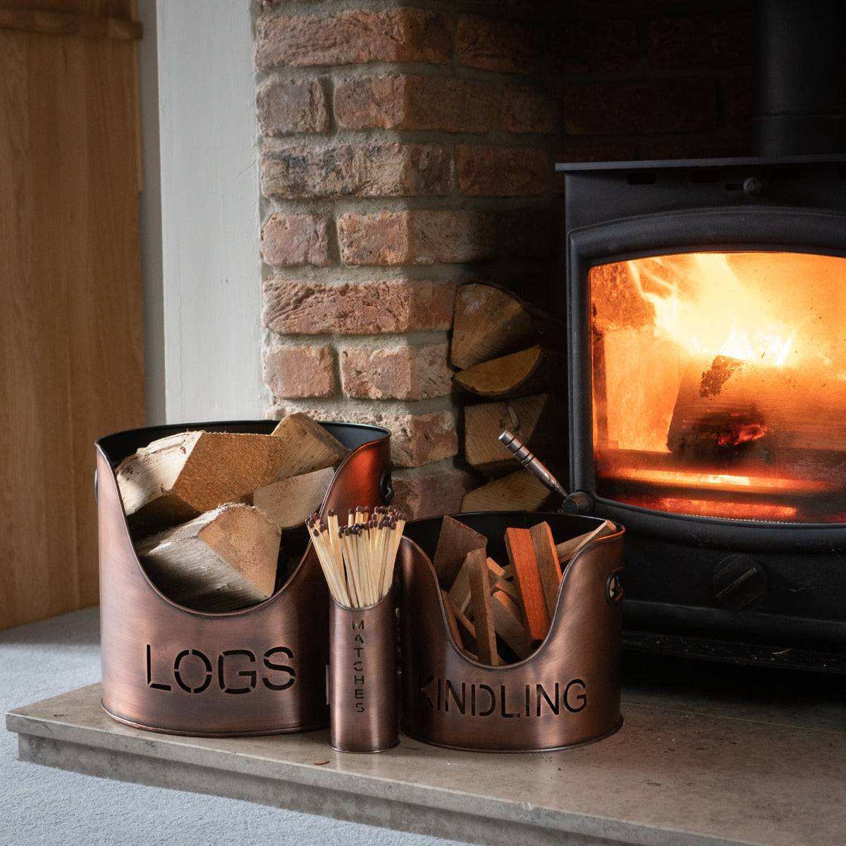 Copper Finish Logs And Kindling Buckets & Matchstick Holder - Price Crash Furniture