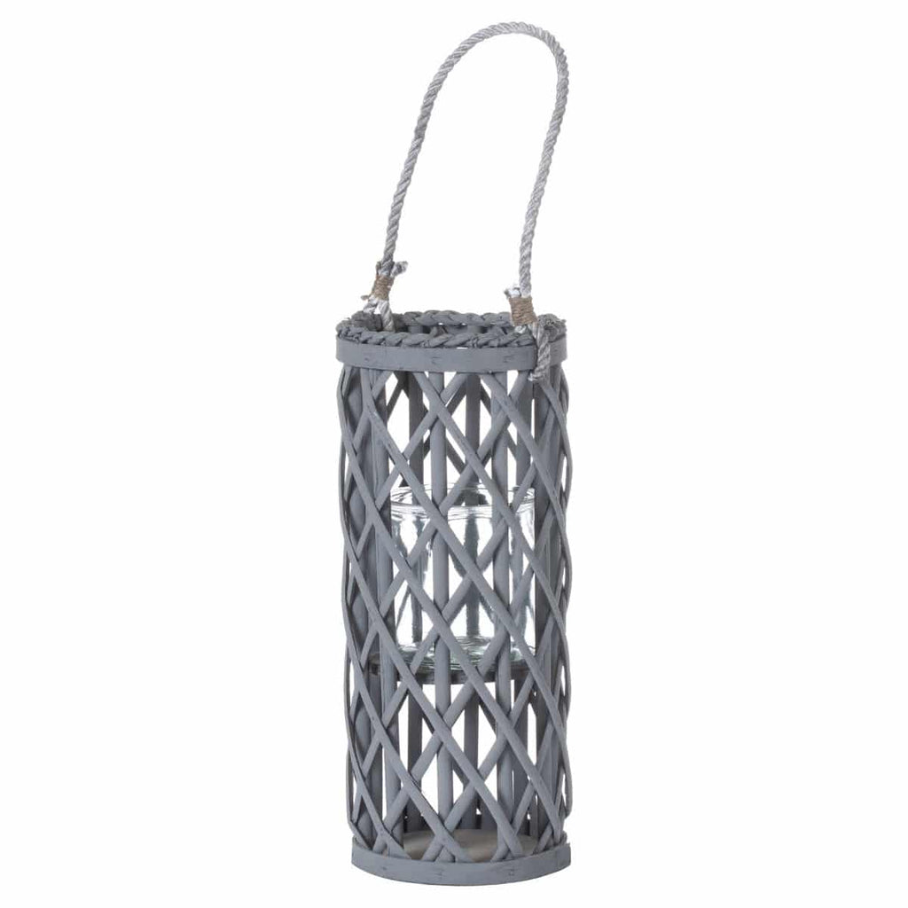 Small Grey Wicker Lantern With Glass Hurricane - Price Crash Furniture