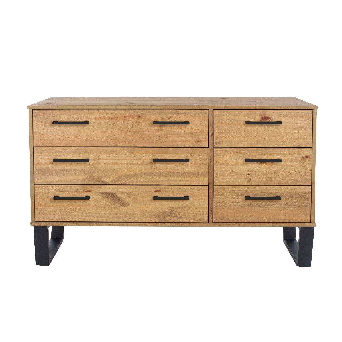 Texas - waxed pine industrial style 3+3 drawer wide chest - Price Crash Furniture