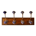 4 Double Ceramic Blue & White Coat Hooks On Wooden Base - Price Crash Furniture