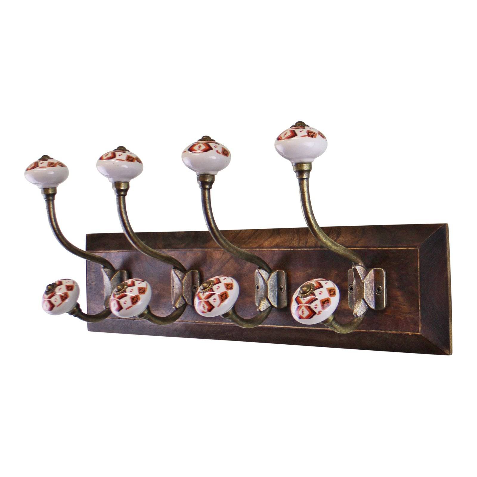 4 Double Coat Hooks, Kasbah Design on Wooden Base - Price Crash Furniture