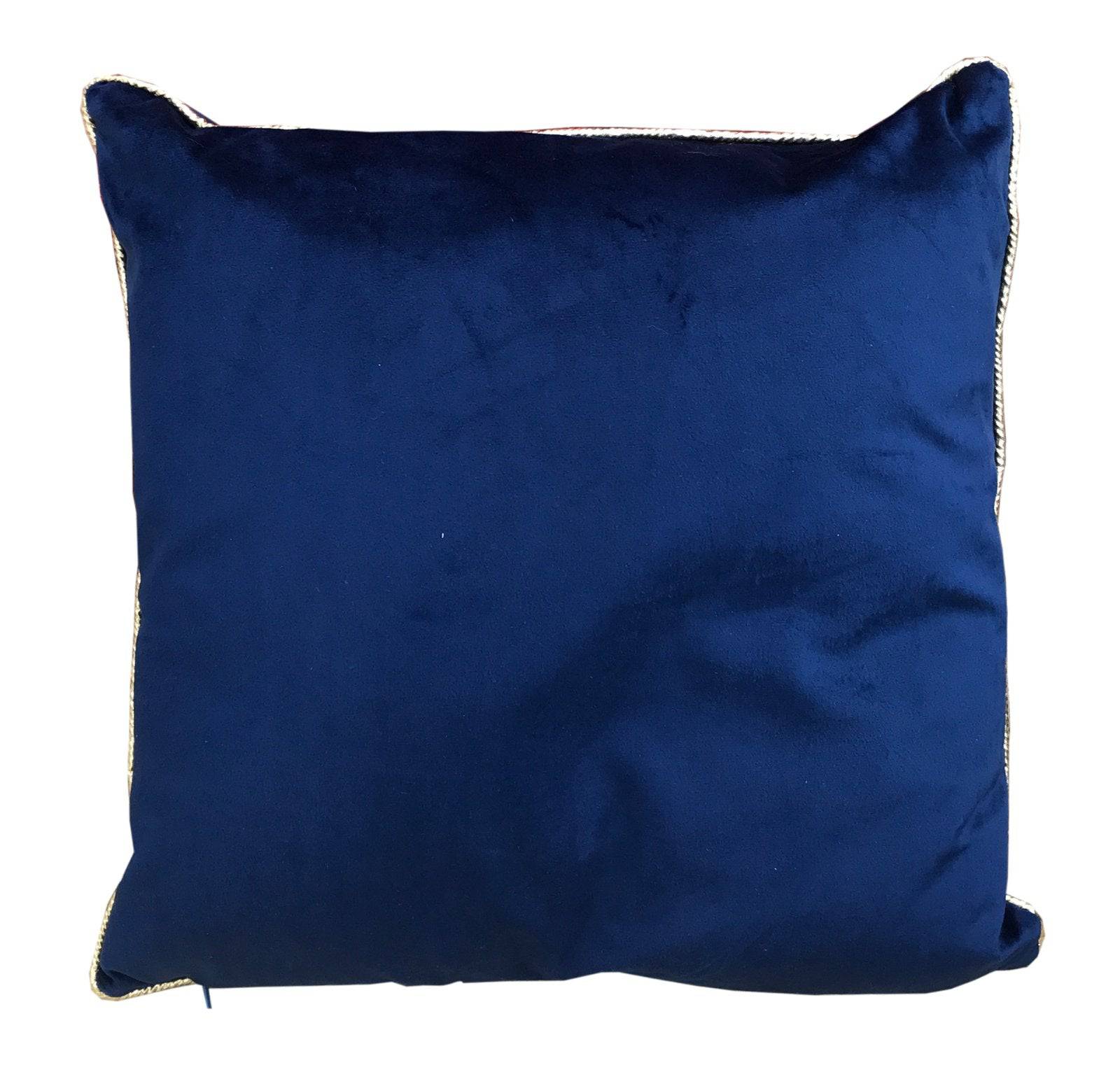 40.5x40.5cm Deep Blue Velvet Cushion with Gold Trim - Price Crash Furniture