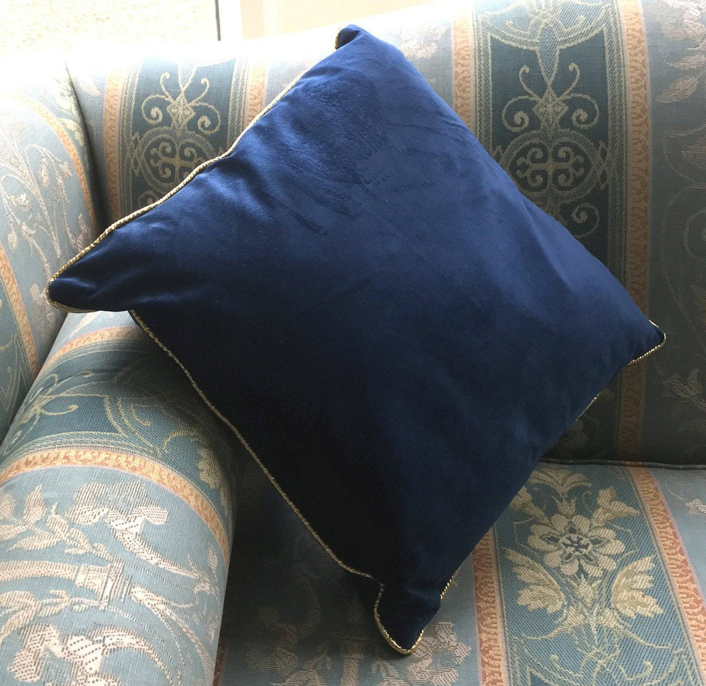 40.5x40.5cm Deep Blue Velvet Cushion with Gold Trim - Price Crash Furniture