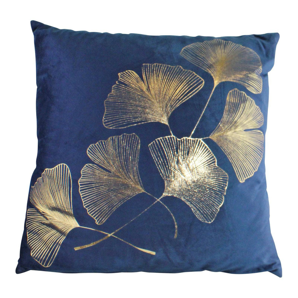 45x45cm Velour Feel Blue Scatter Cushion with Gold Lotus Leaf - Price Crash Furniture