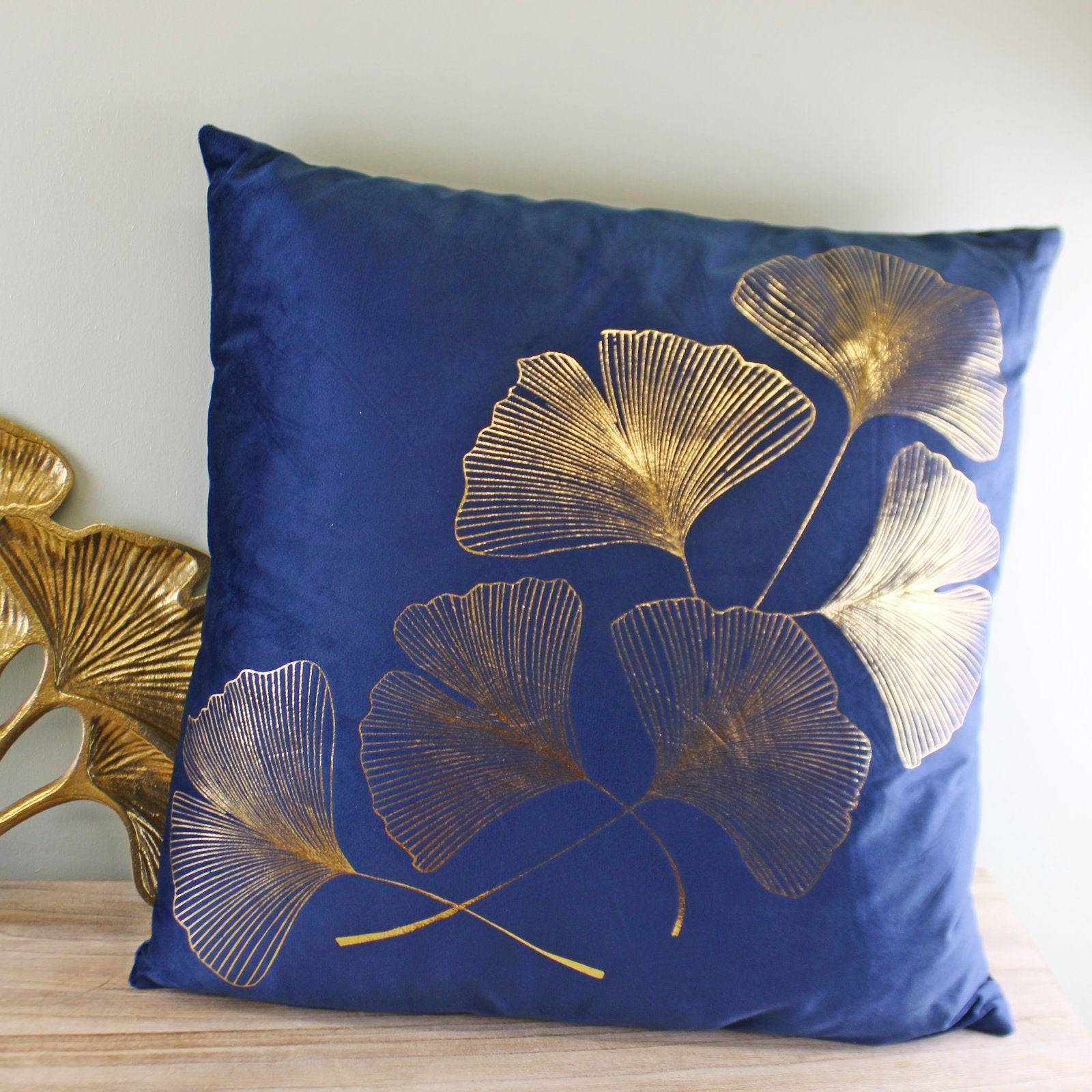 45x45cm Velour Feel Blue Scatter Cushion with Gold Lotus Leaf - Price Crash Furniture