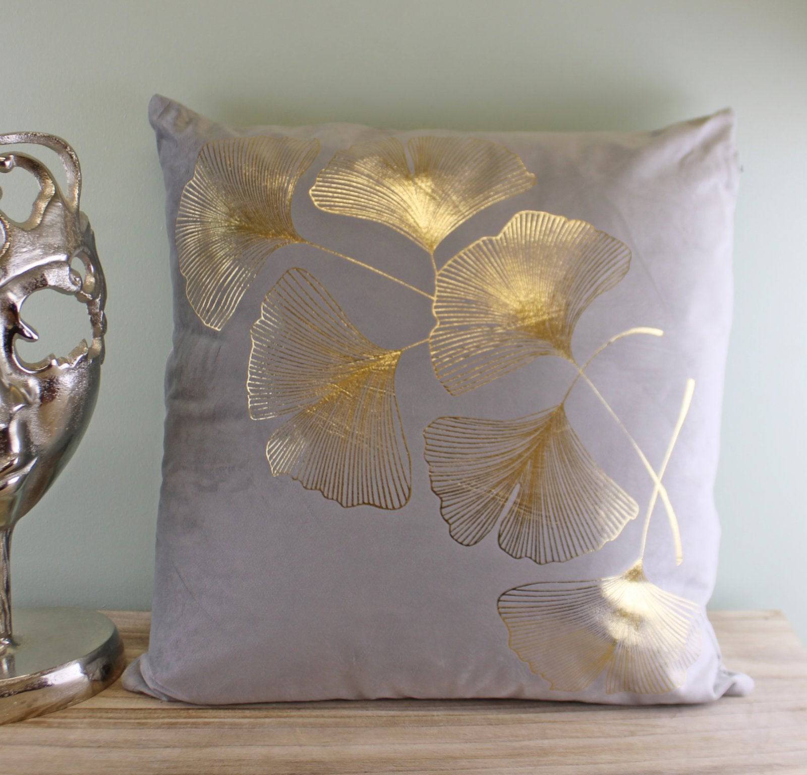 45x45cm Velour Feel Silver Scatter Cushion with Gold Lotus Leaf - Price Crash Furniture