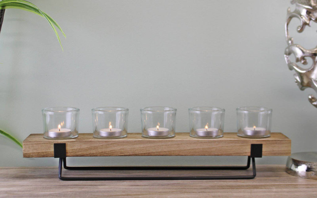 5 Piece Glass, Wood & Metal Tealight Holder - Price Crash Furniture