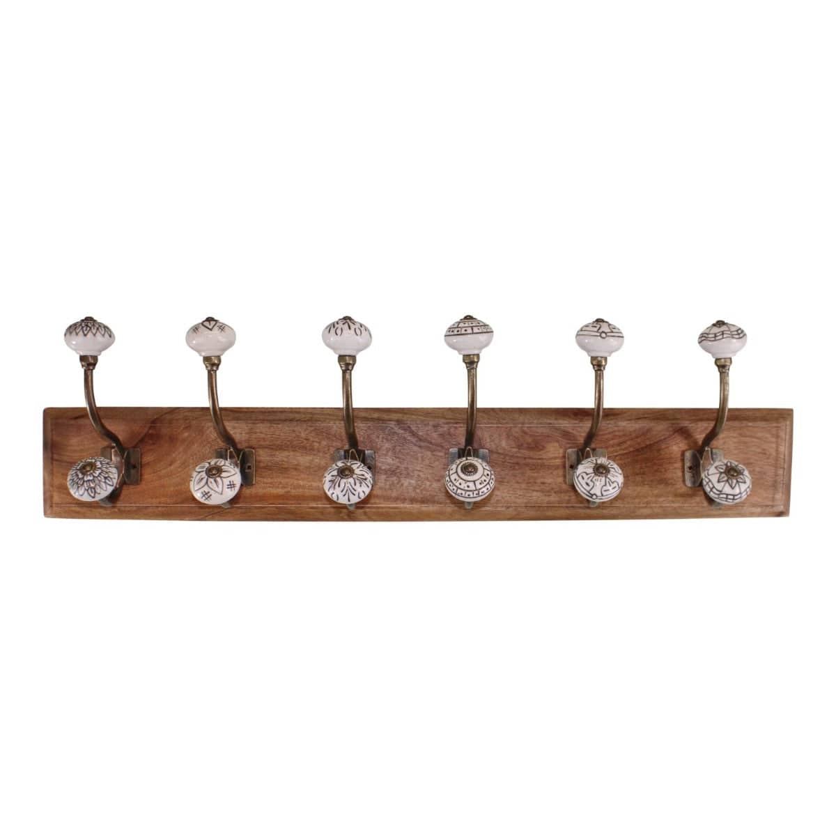 6 Double Ceramic Ivory Coat Hooks On Wooden Base - Price Crash Furniture