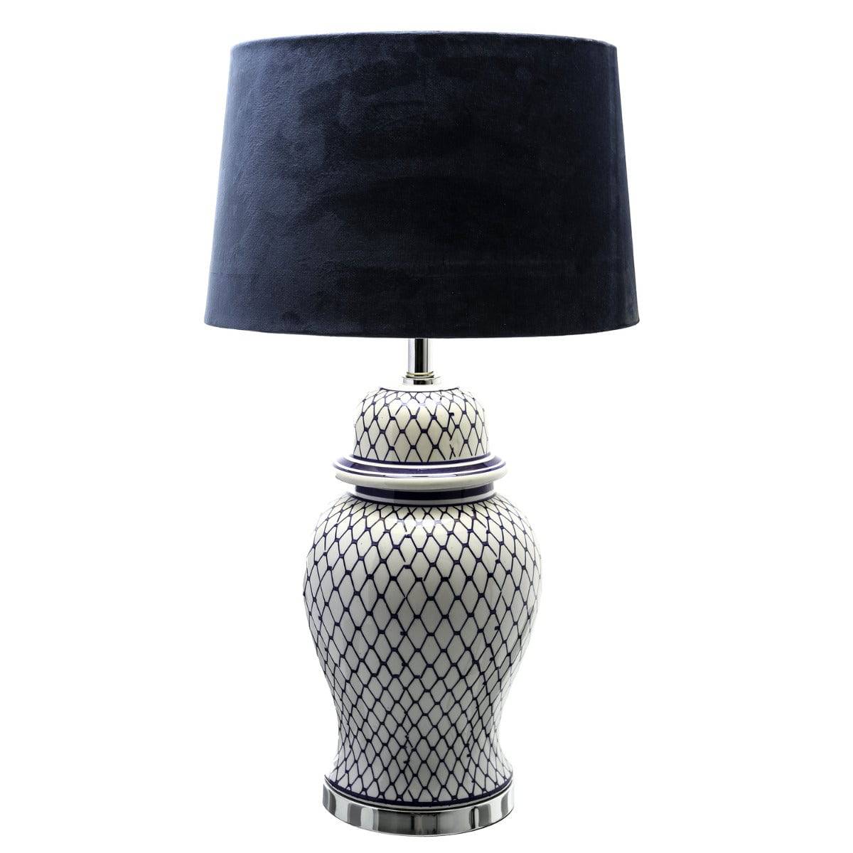 Malabar Blue And White Ceramic Lamp With Blue Velvet Shade - Price Crash Furniture