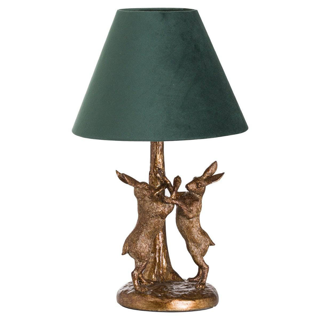 Antique Gold Marching Hares Lamp With Green Velvet Shade - Price Crash Furniture