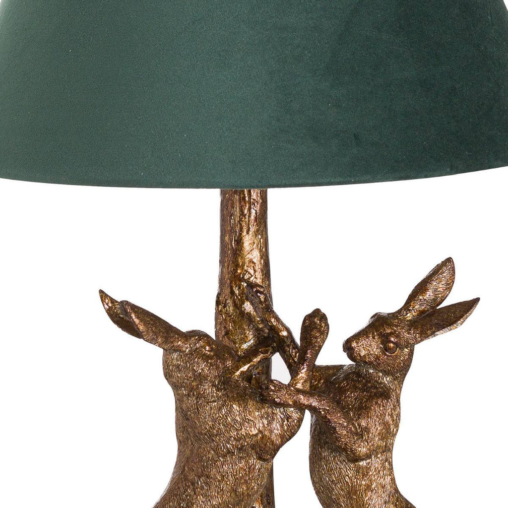 Antique Gold Marching Hares Lamp With Green Velvet Shade - Price Crash Furniture