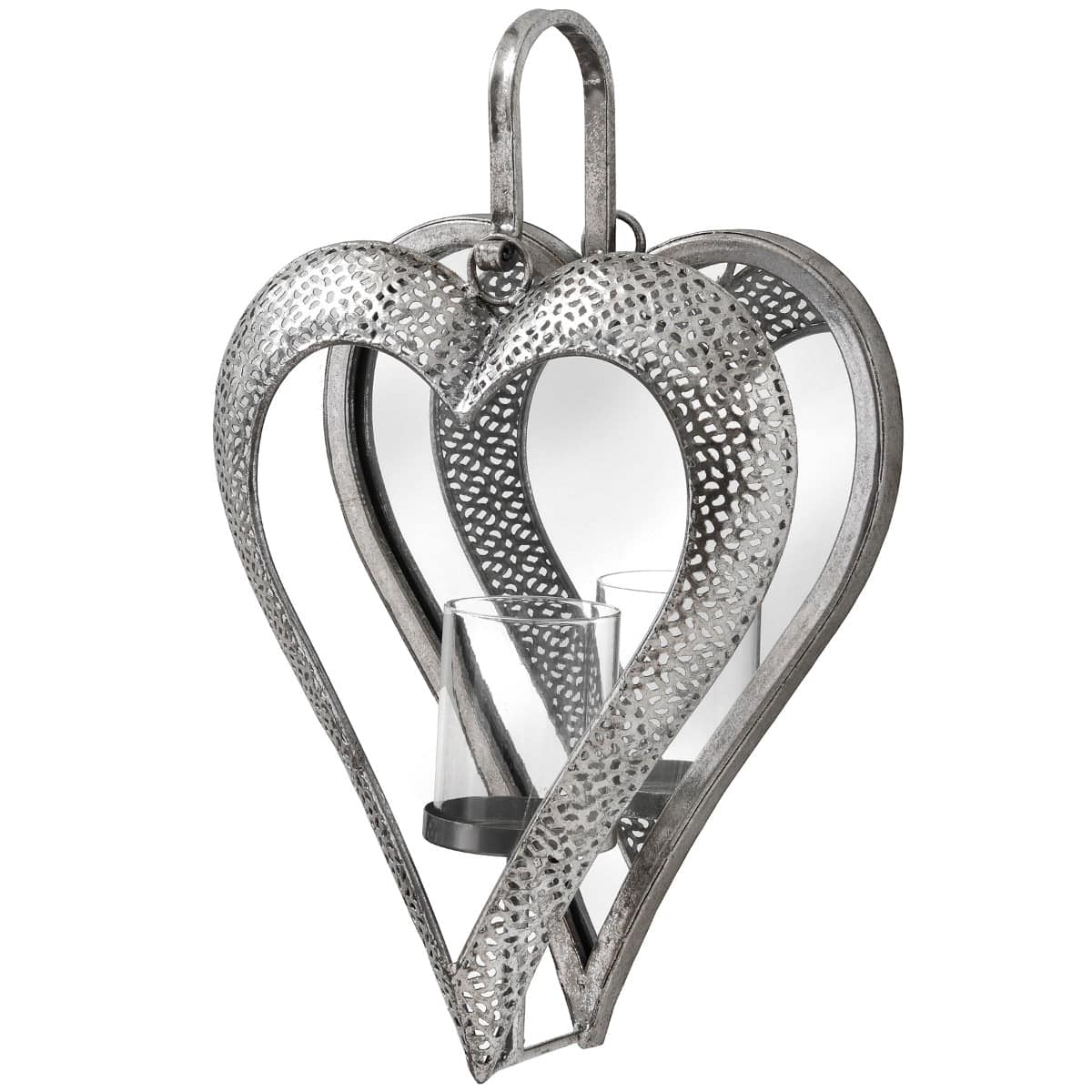 Antique Silver Heart Mirrored Tealight Holder in Small - Price Crash Furniture