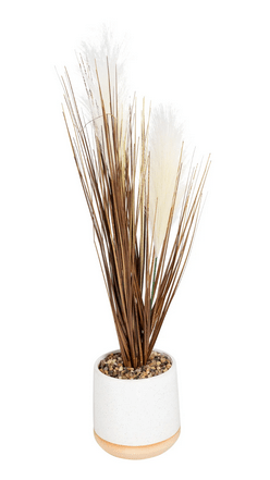 Artificial Grasses In A White Pot With White Feathers - 50cm - Price Crash Furniture