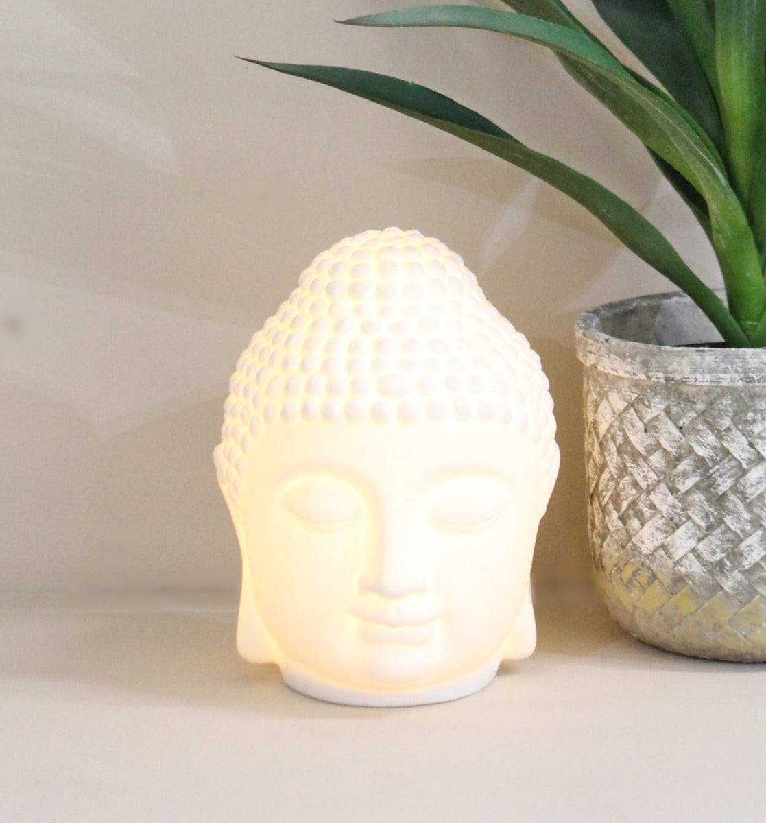 Battery Operated LED Lamp, White Buddha Head, 20cm. - Price Crash Furniture