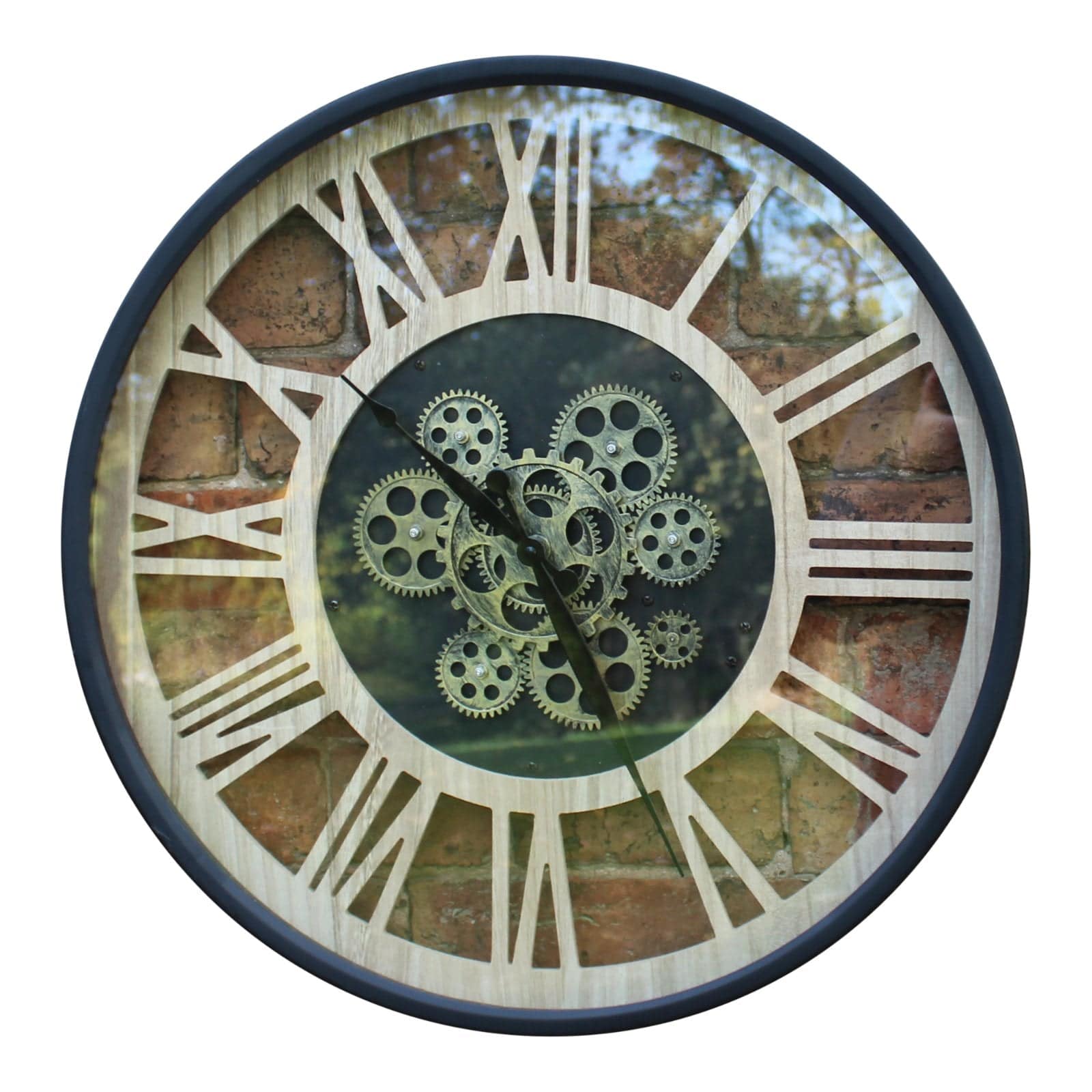 Black and Natural Moving Gear Wall Clock, 57cm - Price Crash Furniture