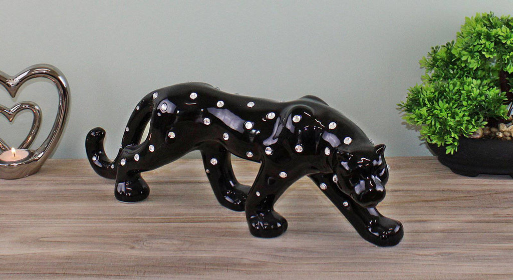 Black Ceramic Leopard Ornament with Jewels 44cm - Price Crash Furniture