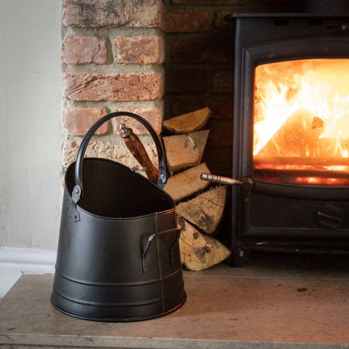 Black Coal Bucket with Teak Handle Shovel - Price Crash Furniture