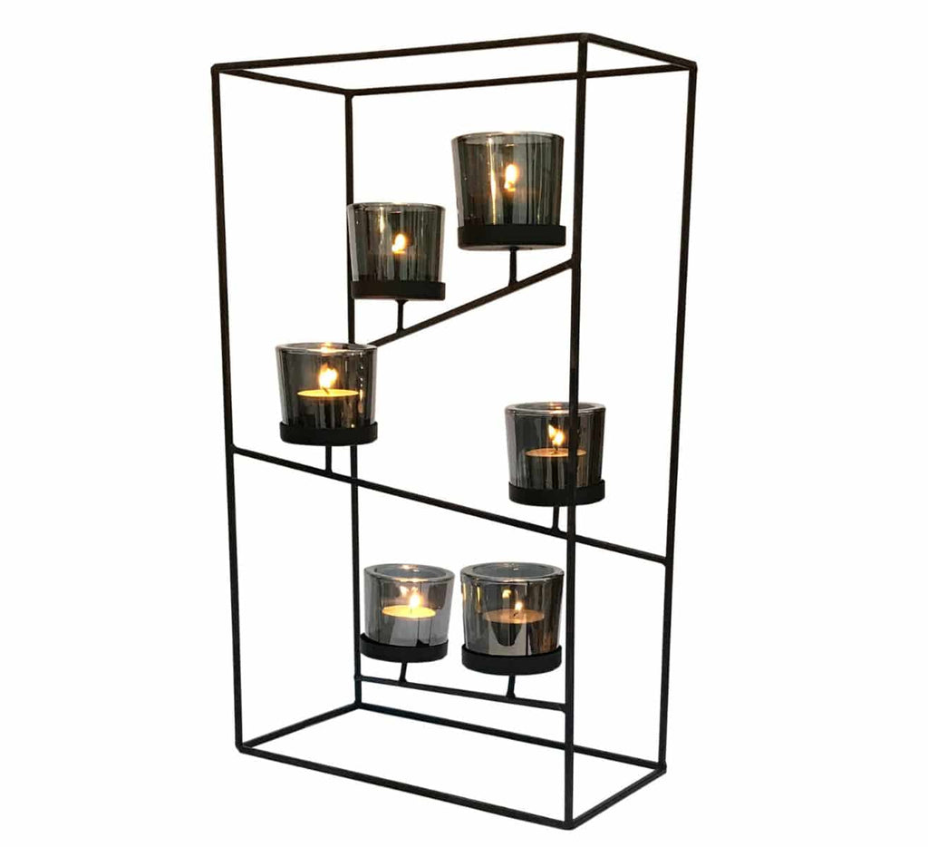 Black Wire Tiered Six Candle Holder With Glass Holders - Price Crash Furniture