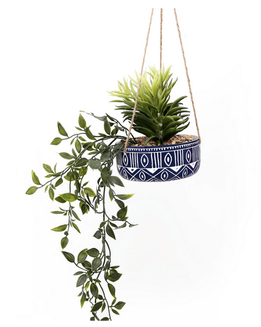 Blue Ceramic Hanging Pot with Plants - Price Crash Furniture