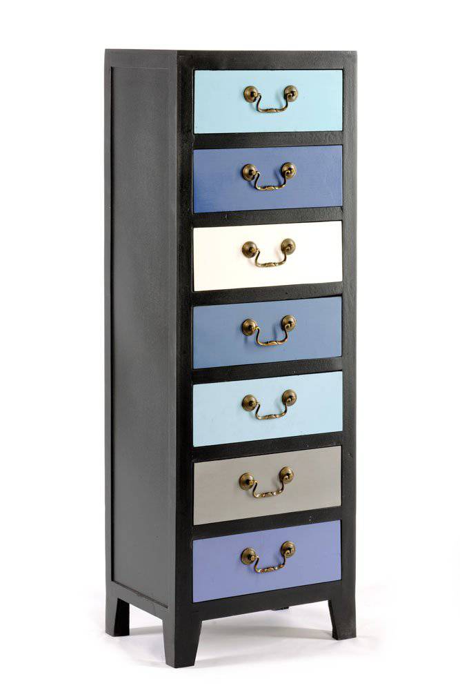 Blue Tall Cabinet with 7 Drawers 38 x 26 x 110cm - Price Crash Furniture